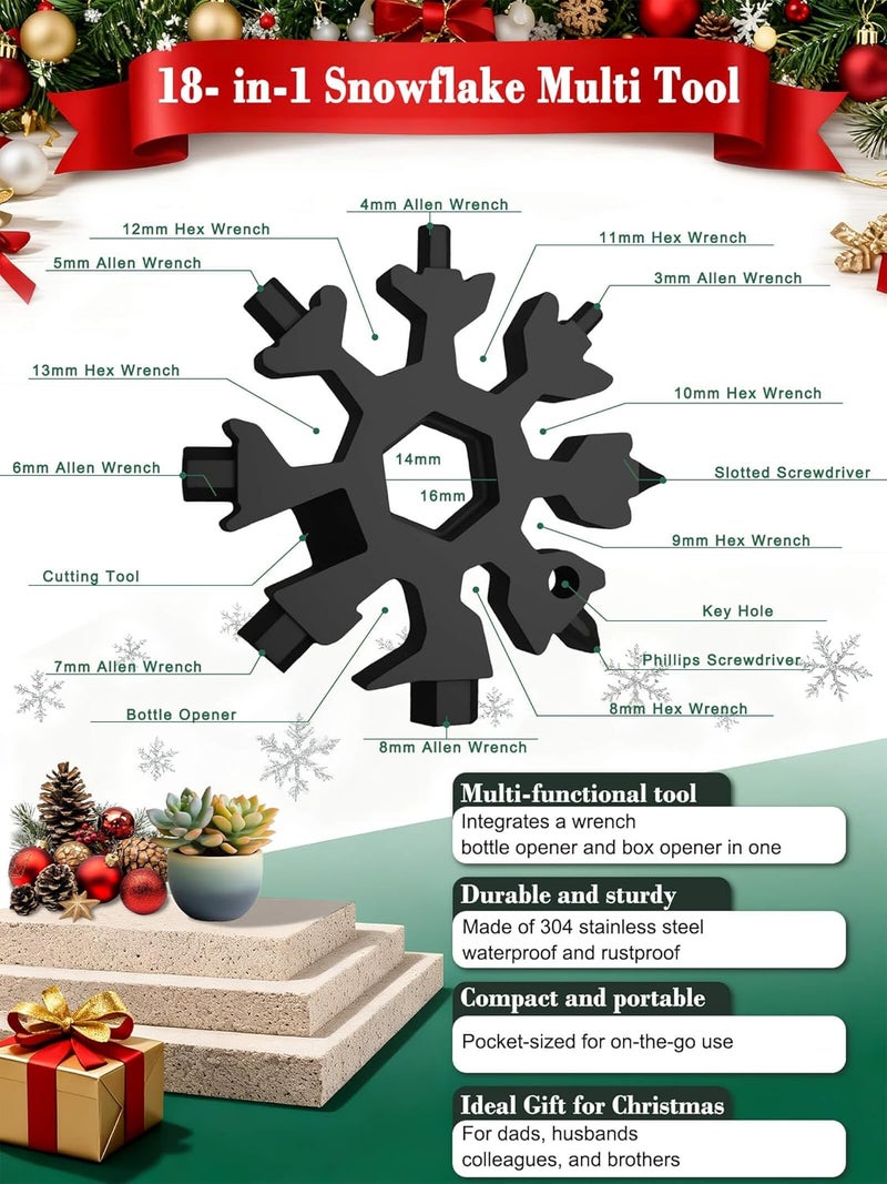ZONICE 18-in-1 Snowflake Multi Tool – Stainless Steel with Bottle Opener & Wrench,Compact EDC Tool for Camping,Fishing,Hiking, Stocking Stuffers,Gifts for Men,Dad,Husband (Silver + Black) - Image 3
